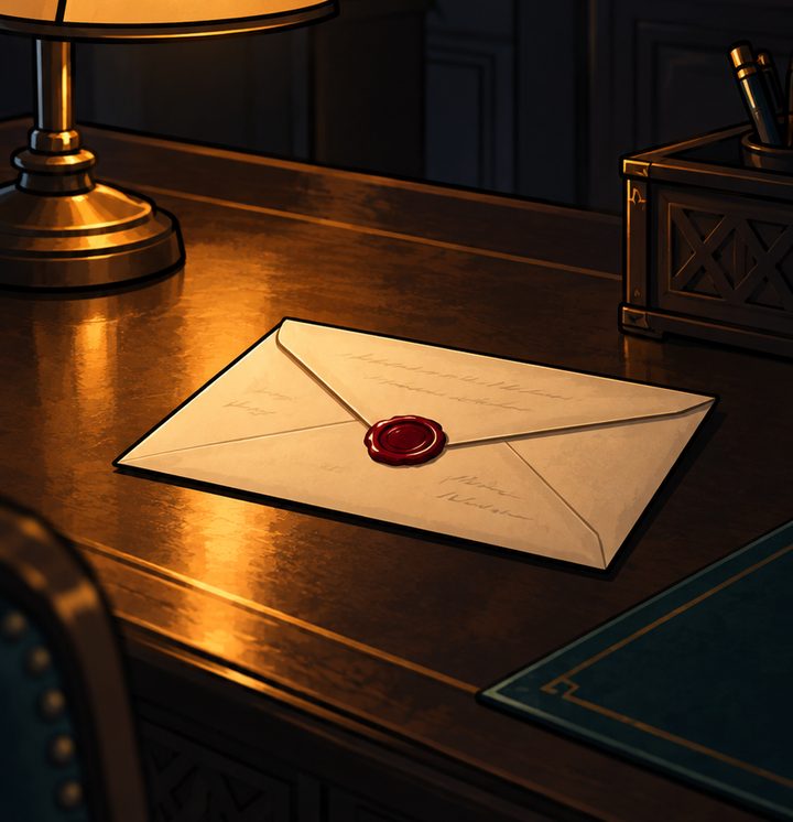 ظرف مقفّل على مكتب أبوكِ، تحت ضوء اللمبة